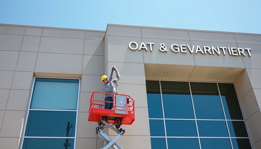 Technician adjusts USAID building sign on a sunny day.