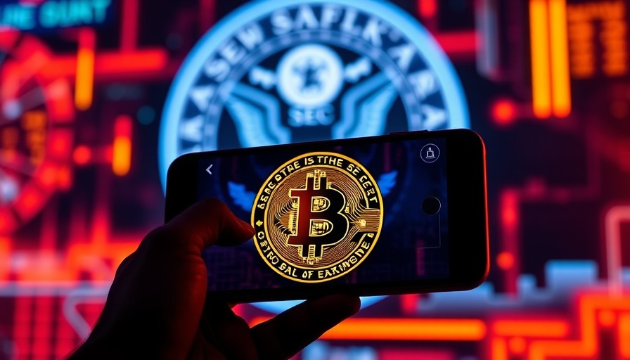 SEC hack concept with Bitcoin logo on smartphone, SEC emblem behind.