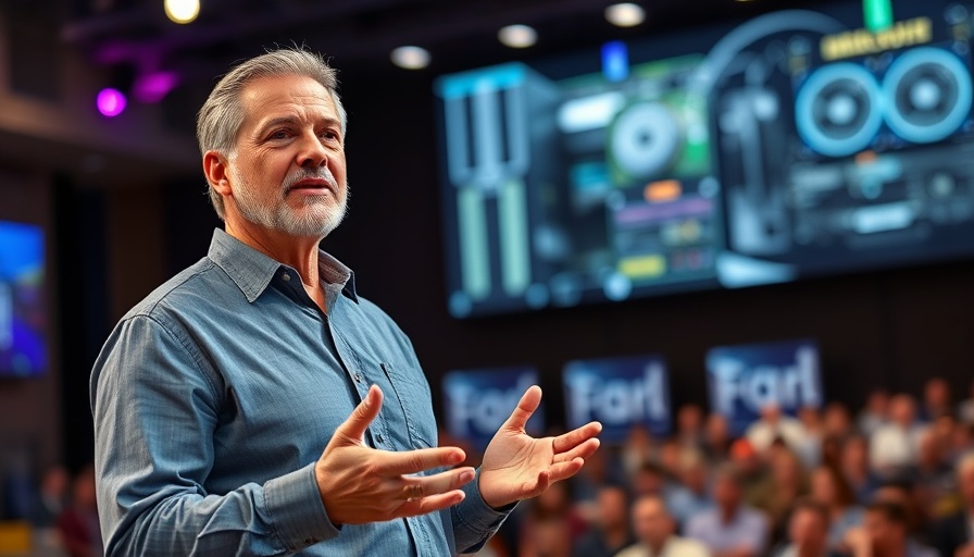 Confident speaker discusses Magnificent 7 trade on stage with tech display.
