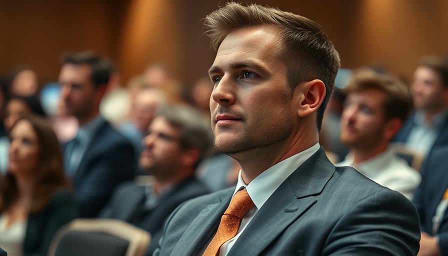 Thoughtful man at event with dark suit, bright ambiance.