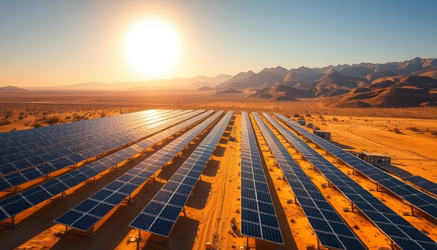Vast solar panel field generating energy in desert landscape.