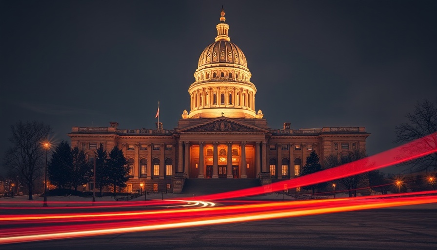 Kansas Capitol building illuminated at night with snow and light trails.