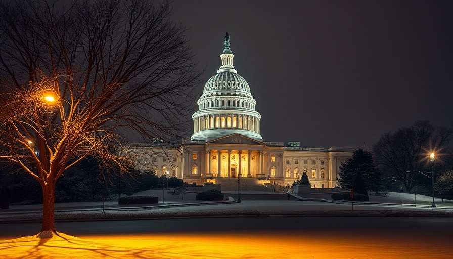 Snowy Capitol building at night, House Budget Resolution Tax Cuts and Spending theme.