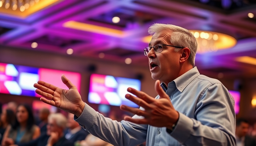 Engaged speaker discussing at a vibrant conference.