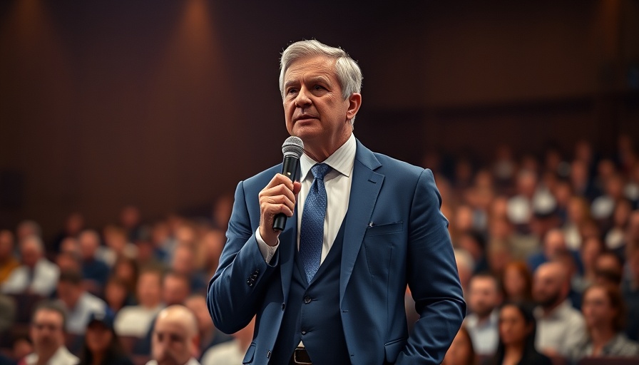 Confident man speaking in a blue suit at event.