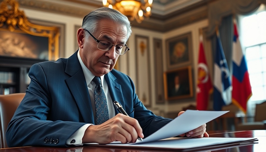 Leader signing document in ornate office, highlighting political actions.