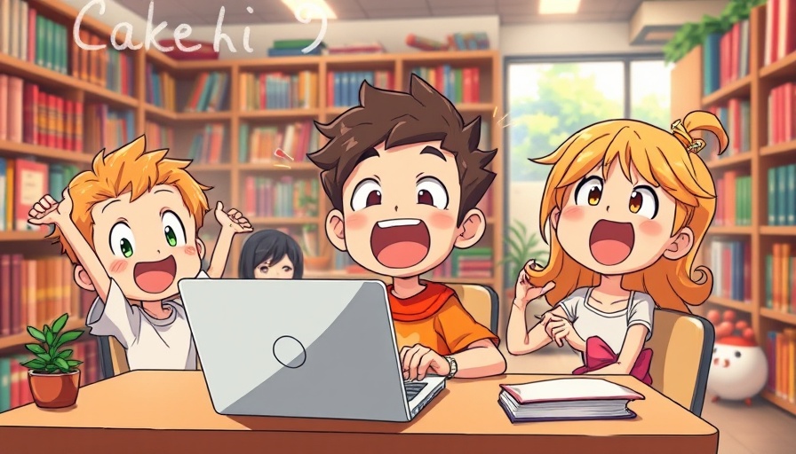 Animated characters joyfully filing taxes on a laptop in a library
