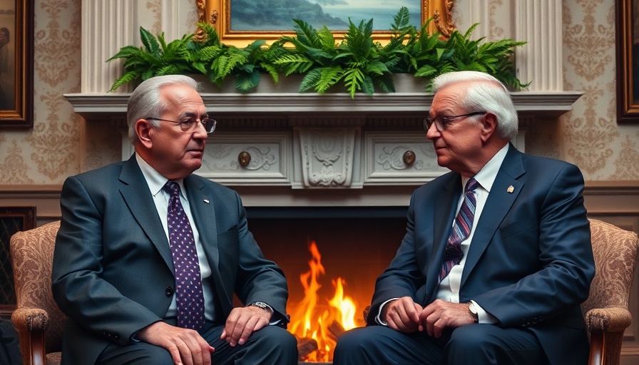 Two older men in suits discussing policies by a cozy fireplace.