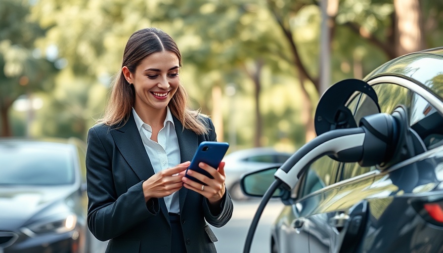 Woman checking phone while charging electric car, tax credit tips.
