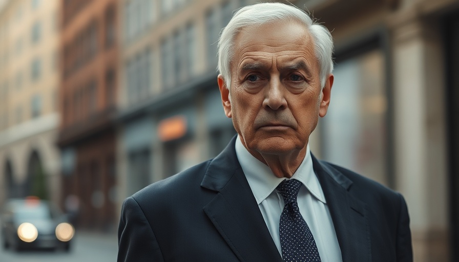 Serious elderly man in suit focusing on an urban background