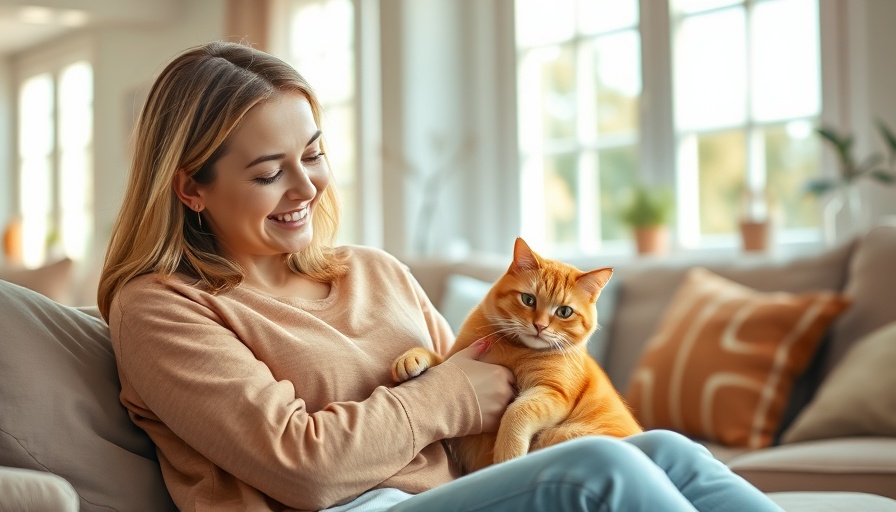 Woman petting cat in cozy living room, highlighting donation impact.