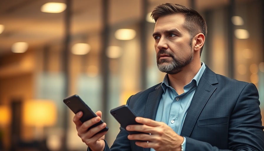 Contemplative businessman holding phone indoors.
