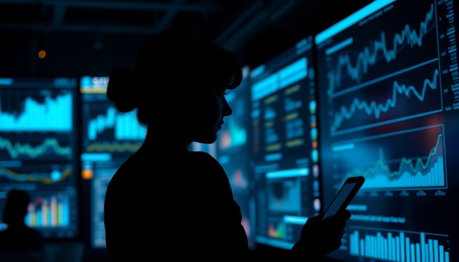 Woman analyzing AI investment data on glowing screens.