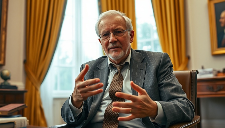 Older man seated in office, gesturing, bright lighting.