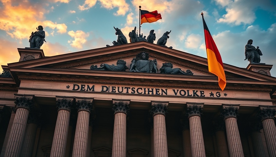 Reichstag building facade with German flag, Germany federal election results.