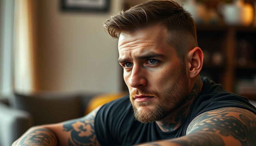 Serious individual with tattoos reflecting indoors in soft lighting.