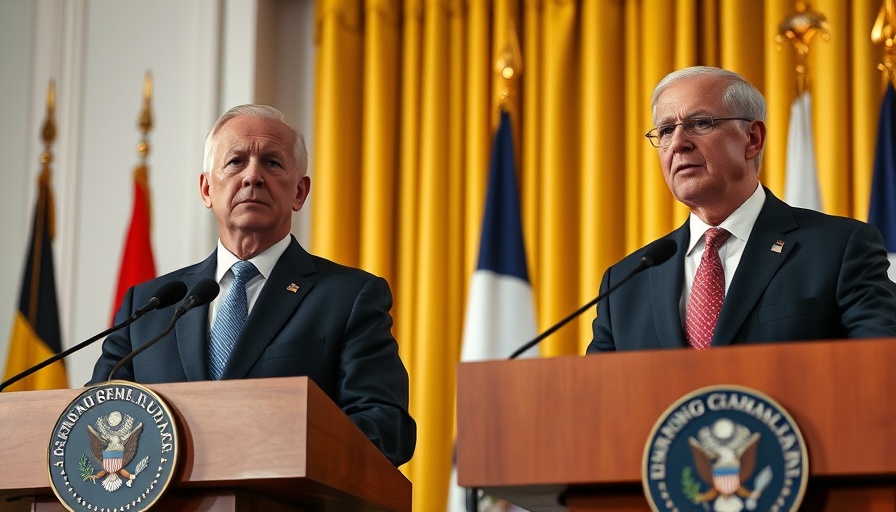 Two politicians at a press conference with flags in the background.
