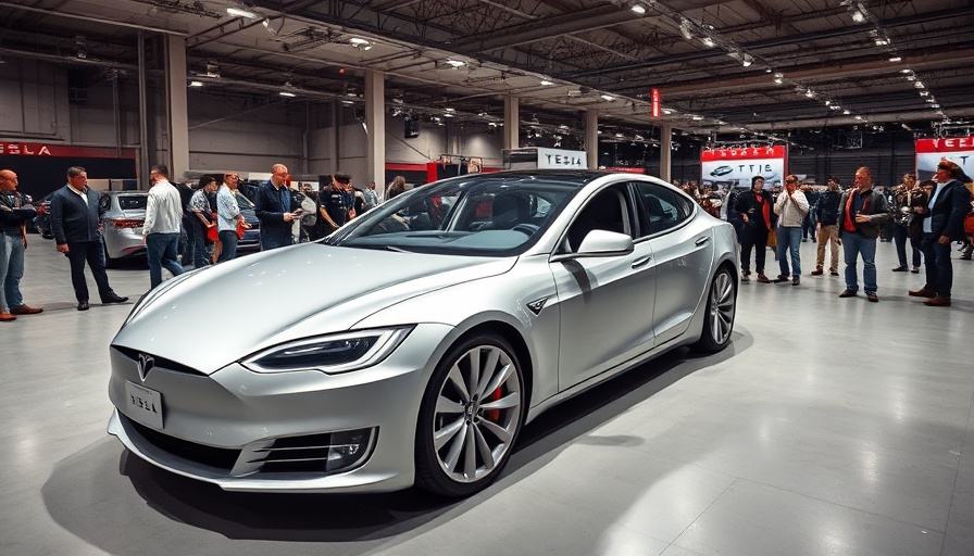 Tesla Model S displayed at automotive exhibition hall.