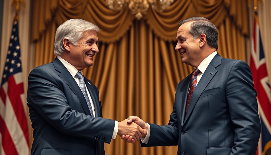 US-UK trade deal handshake in front of flags, positive atmosphere.