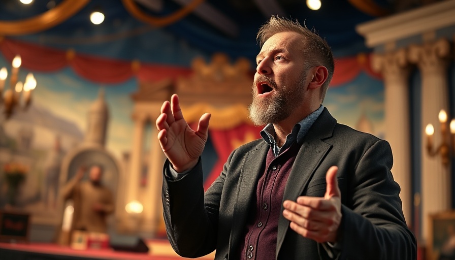 Passionate speaker emphasizes a point on stage.