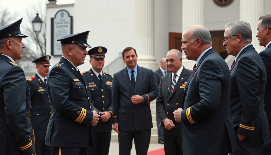 Political and military discussion outside government building amid Ukraine talks collapse.