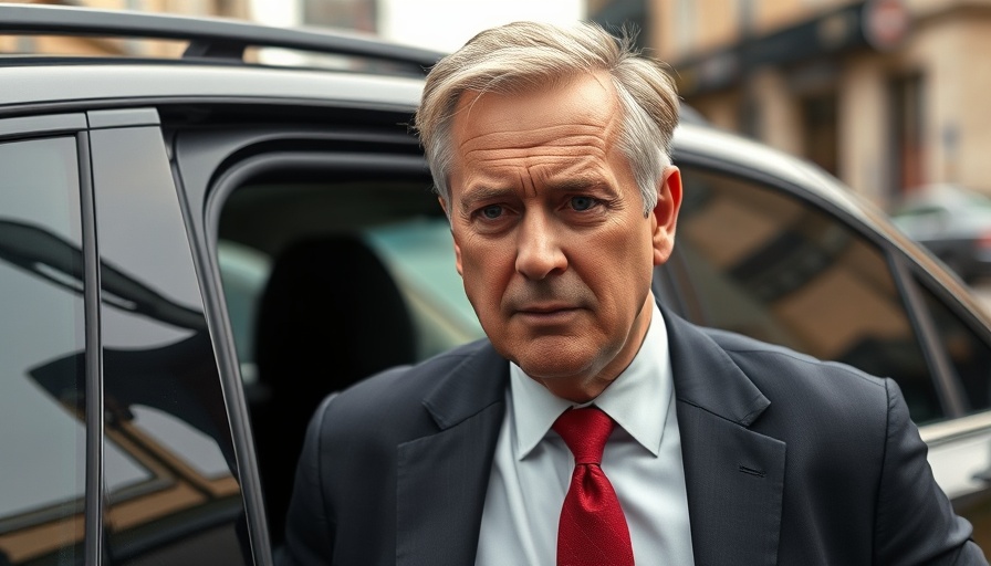 Middle-aged man in a suit with red tie exiting car during NYC mayoral campaign.