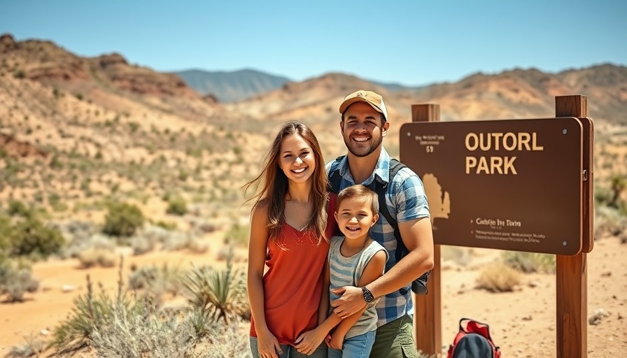 Family enjoying RV travel with baby at national monument.