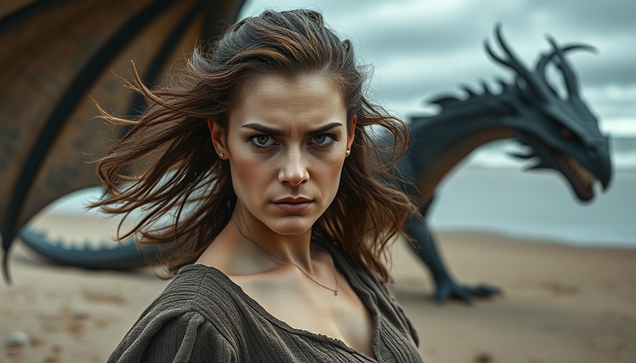Woman facing camera on beach with dragon, symbolizing competition.