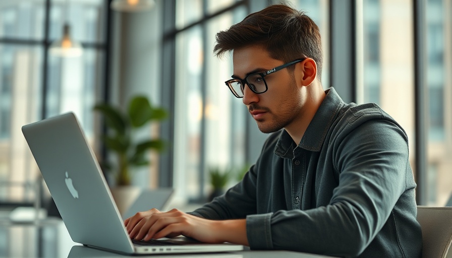 Focused man analyzing Nvidia earnings on laptop in office.