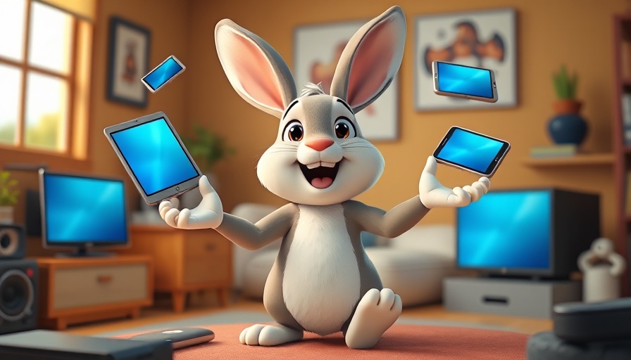 Cartoon rabbit juggling streaming devices, symbolizing bundling streaming services.