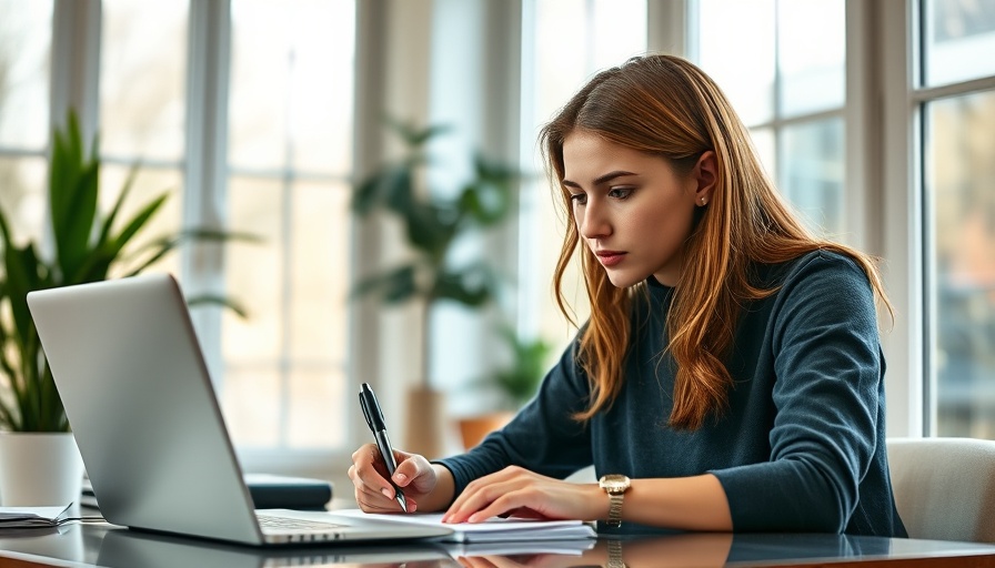 Young woman working on self-employed IRS tax forms in a bright home office.