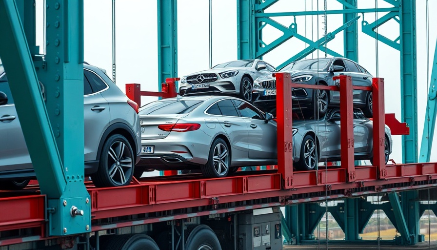 Transported vehicles on bridge symbolizing tariff-exposed stocks.