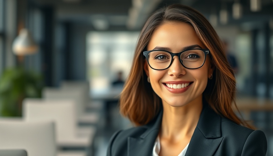 Confident professional woman smiling in office setting related to stock investment.