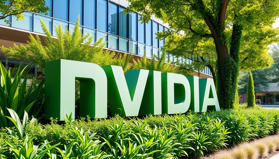 Nvidia logo sign at headquarters amidst greenery.
