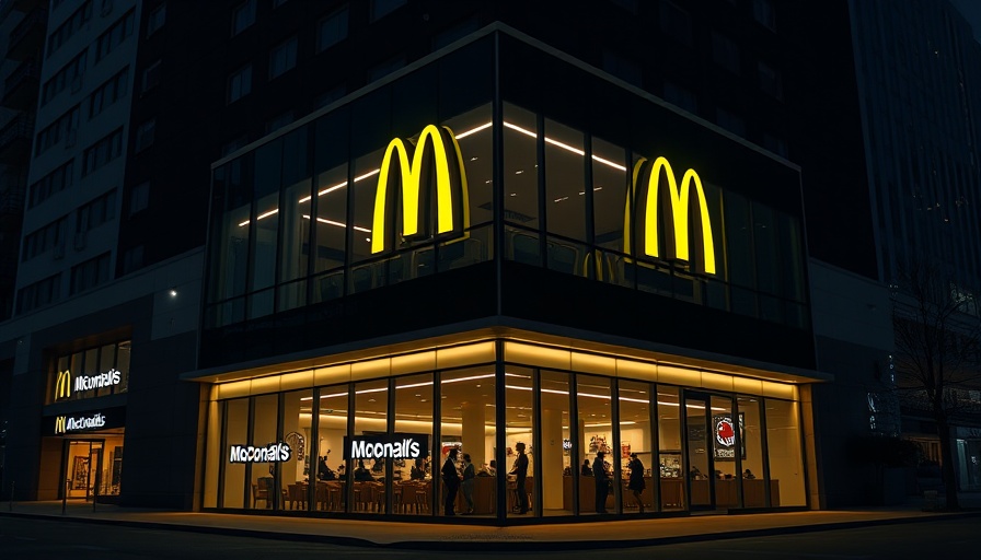 Modern McDonald's building at night with glowing logo.