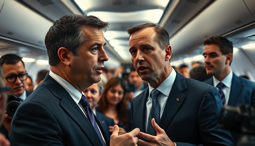 Engaged man explaining in airplane corridor to press, lower my taxes discussion.