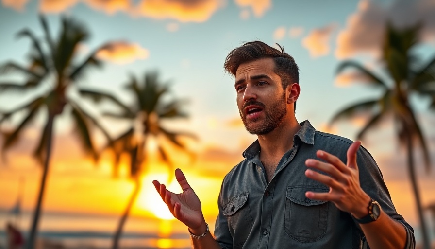 Confident speaker presenting on stage with beach backdrop, highlighting Airbnb CEO Brian Chesky growth story.