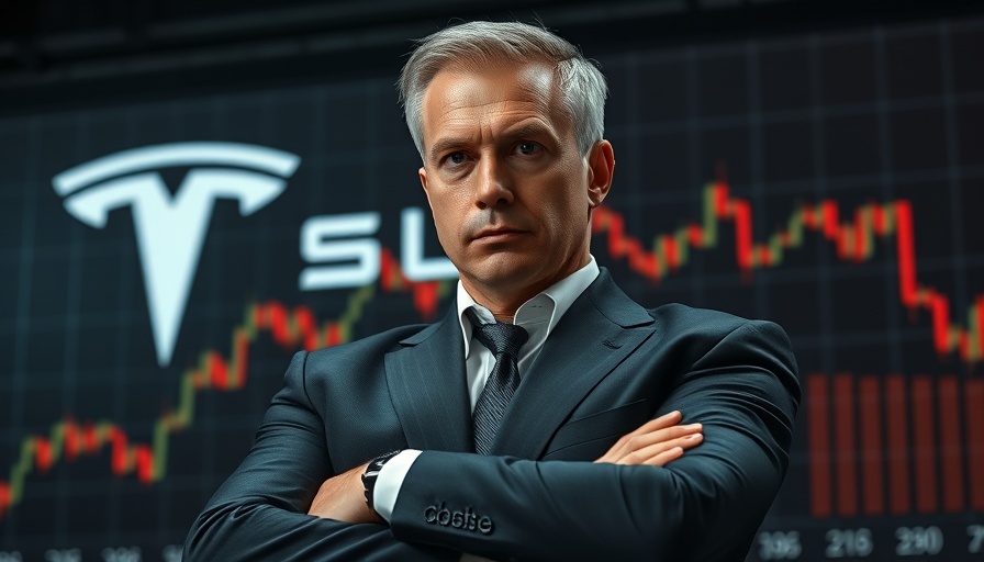 Somber businessman with Tesla stock chart and logo backdrop