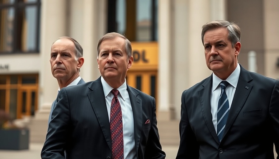 Serious men outside government building discussing political pardons.