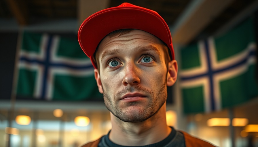 Man in red cap stands in front of Greenland flag, U.S. annexation of Greenland concept.