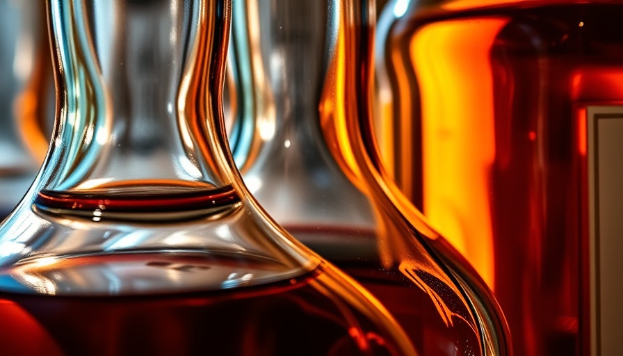 Whiskey bottles reflecting light, illustrating export impacts.