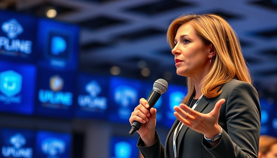 AI expansion strategies discussion led by professional woman at tech conference.