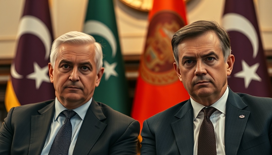 Two men in formal attire discussing in front of flags.