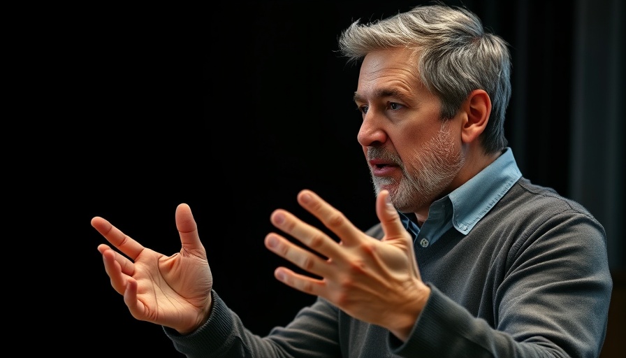 Mature man discussing passionately; AI won't replace people.