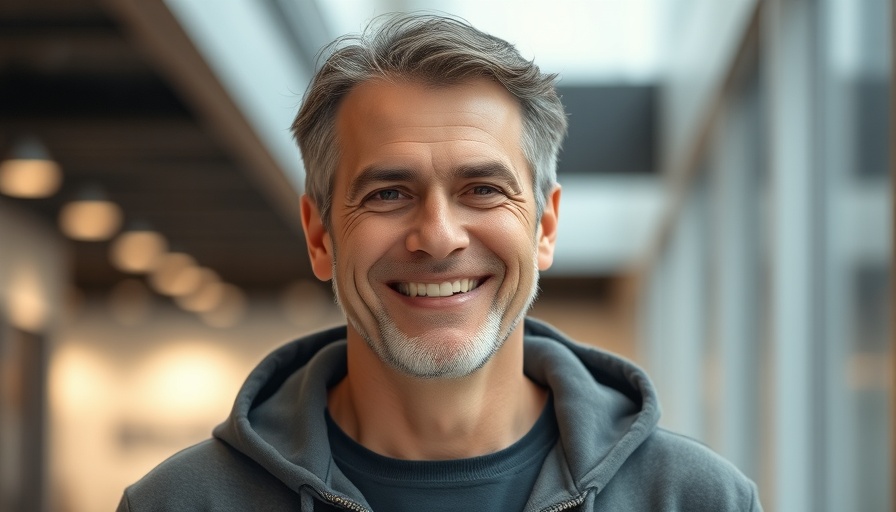 Man in hoodie smiling warmly in soft lighting.