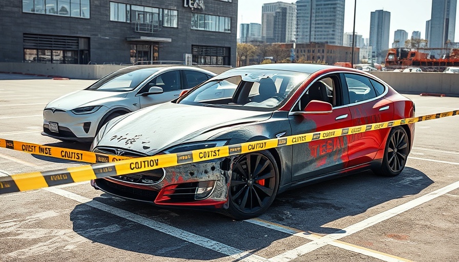 Damaged Tesla with police tape, Tesla arson cases taxpayer impact.