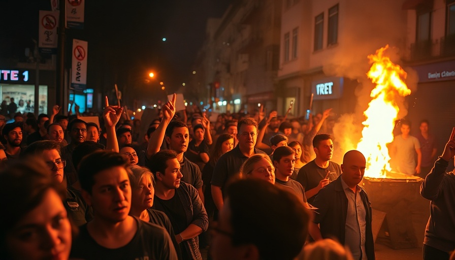 Protest scene during Turkish political turmoil with fire and crowd.