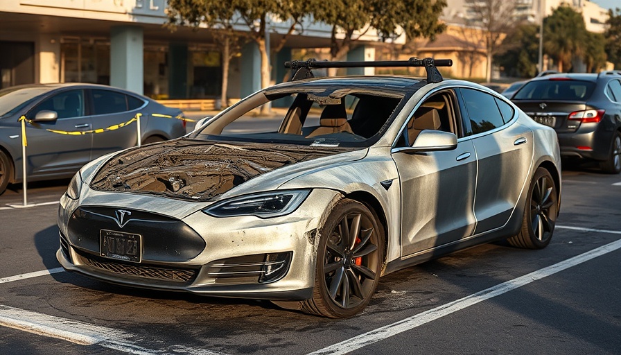 Burned Tesla vehicle in a parking lot with caution tape.