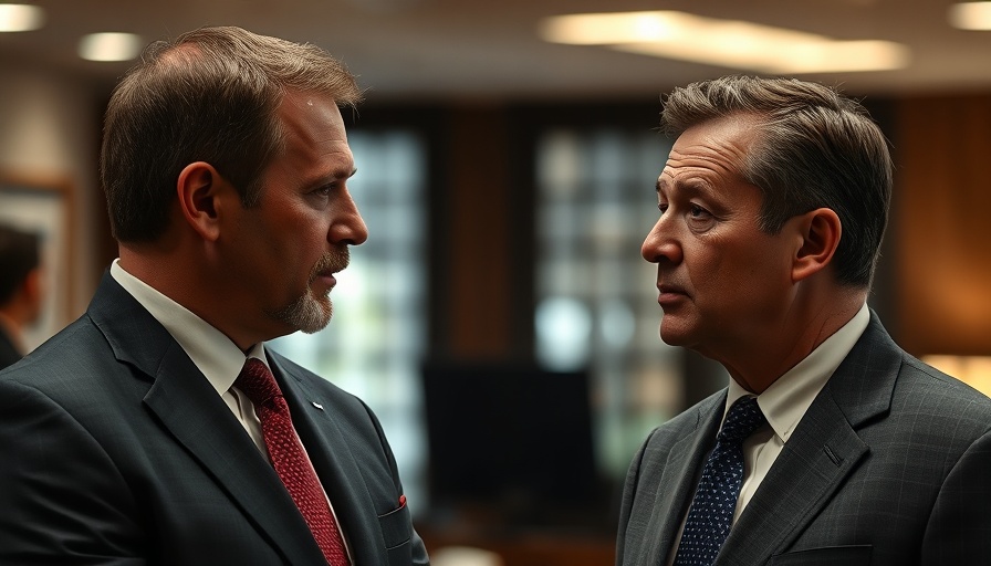 Two men in suits having a serious conversation, indoors.