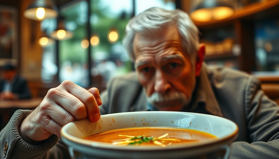 Older man enjoys soup, reminiscent of life changes, cafe atmosphere.